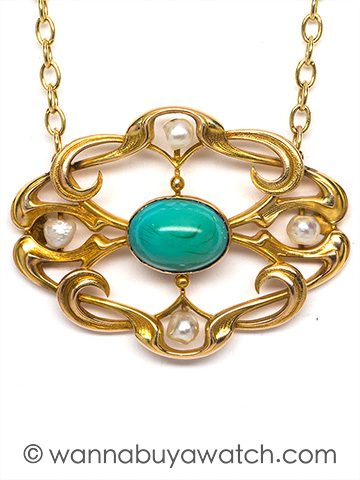 14K YG Art Nouveau Necklace with Turquoise