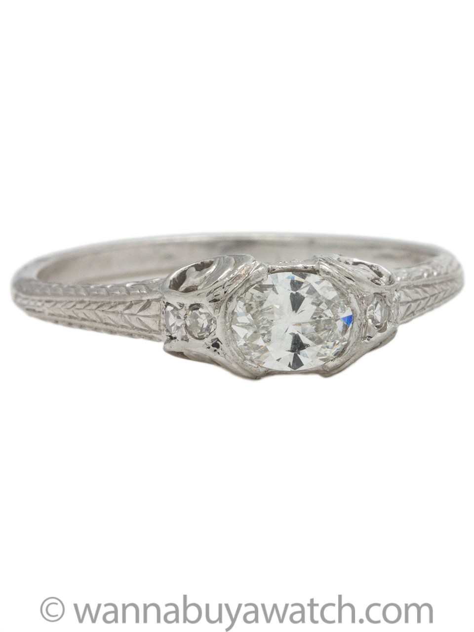 Engraved Platinum Engagement Ring 0.32 Carat Oval Cut G-VVS2