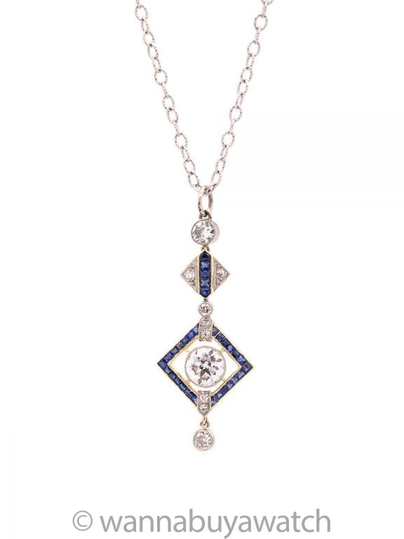 Vintage Art Deco Platinum & 18K WG OEC Diamond Sapphire Necklace 1.20ct ...