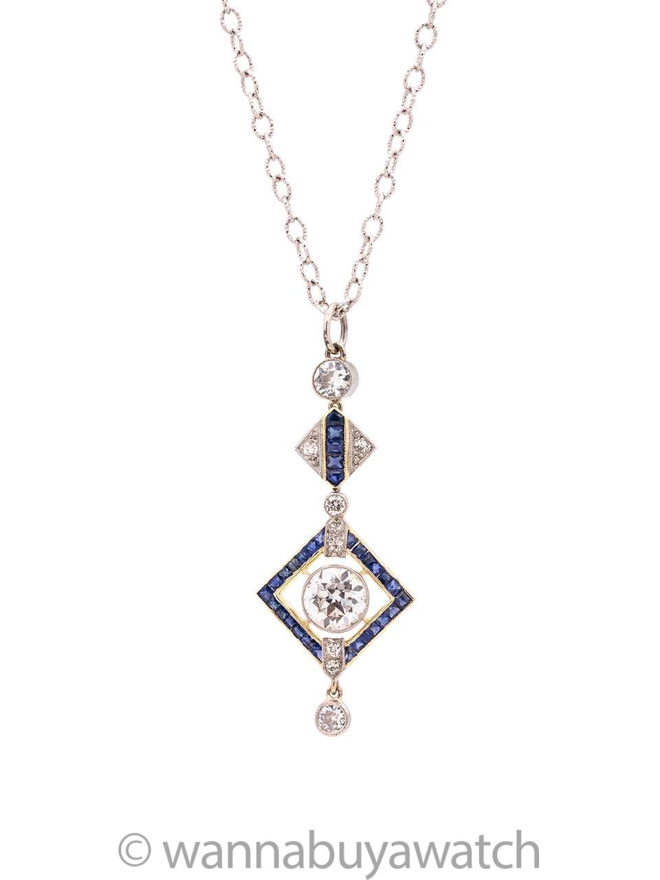Vintage Blue Sapphire Necklace & Clear Rhinestones 17