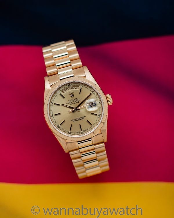 Rolex Day Date ref 18038 18K YG circa 1987 German Day Wheel