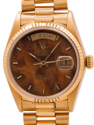 Rolex Day Date President 18K YG ref 18038 circa 1985 Walnut Burlwood Dial