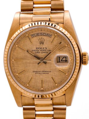 Rolex 18K YG ref 18038 Day Date Linen Dial circa 1984