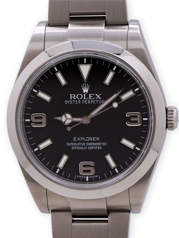 Now discontinued popular large 39mm diameter case Rolex Explorer 1 ref# 214270 in sharp preowned condition with Rolex warranty card dated 2016.