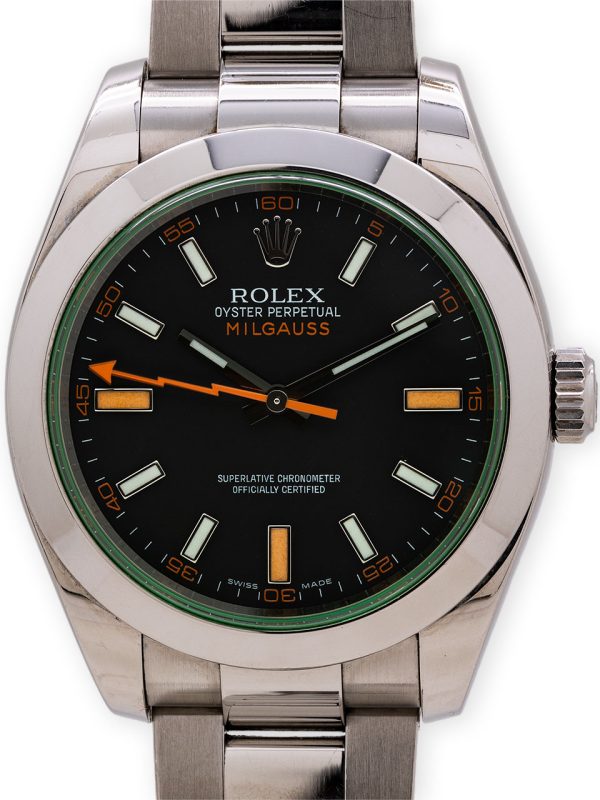 Super minty condition Rolex SS Milgauss ref # 116400GV complete with inner and outer box, booklets, and warranty card dated 2008. Featuring a 40mm diameter Oyster case with wide smooth bezel and green sapphire crystal.