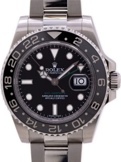 Offering a fine example of the now discontinued example of the first ceramic bezel Rolex model, the GMT-Master II ref 116710LN