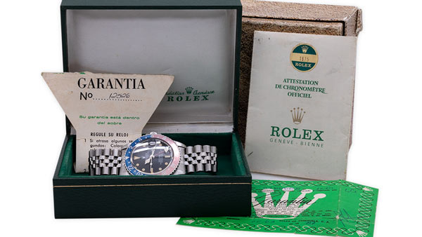 A great looking and very late production vintage Rolex 1675 GMT with original box and papers sold new in 1980.