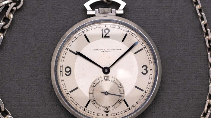 An exceptional and striking example sector dial Vacheron & Constantin man’s open face pocket watch circa 1932-1934. Featuring a 44mm diameter heavy snap back industrial design case with brushed and polished edges.